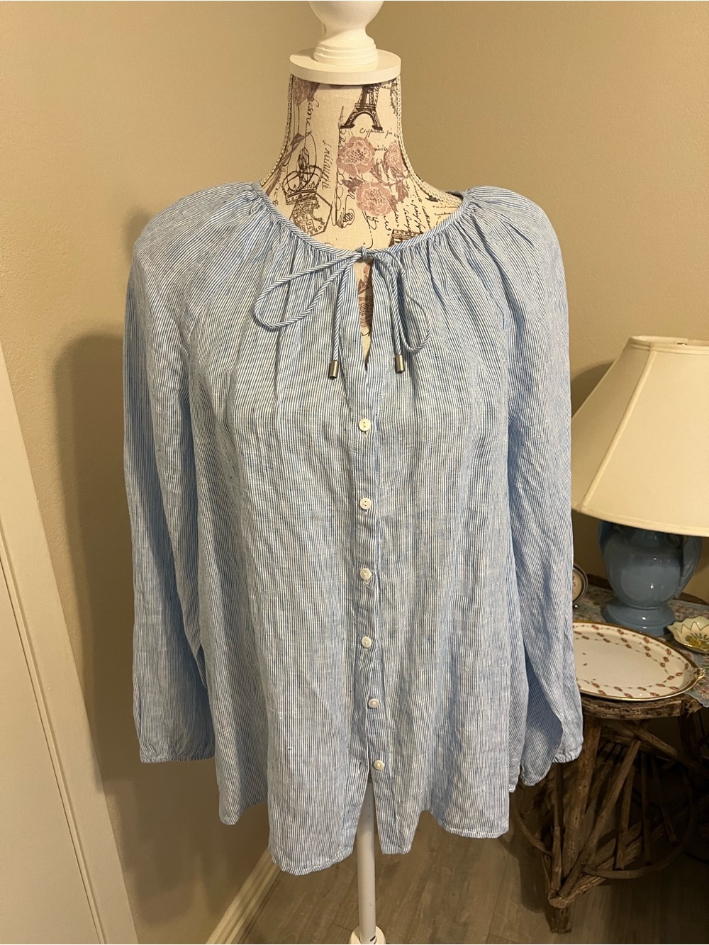 NYDJ Light Blue Button-Front Peasant Blouse with Tie Neck NWT